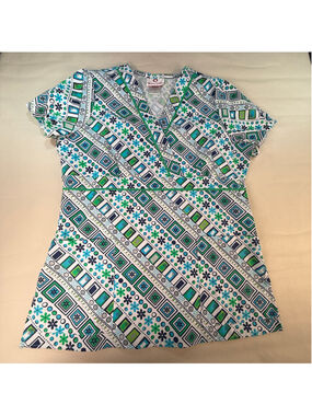 White Cross Scrub Top Womens Small Blue Green Floral Geometric V Neck Medical